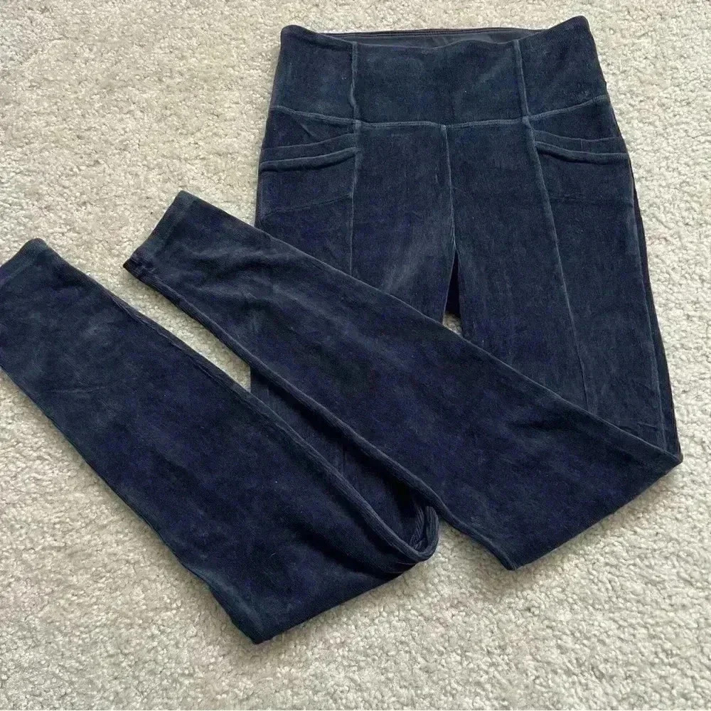 Athleta Cord Velour High Waisted Blue Metro Tight Leggings Size S Small 457434